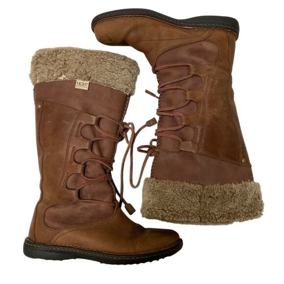 UGG Australia tan leather lace up Tall Torrey women’s 9 Sherling cuff/ lined - Picture 4 of 15